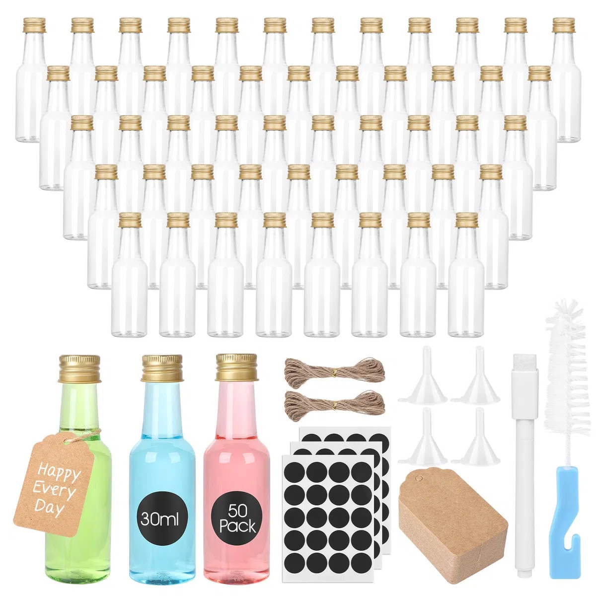 50 Pezzi Mini Bottiglie Alcolici Bomboniere, Bottigliette Liquore Mignon da 25-30 ml, Piccole Bottiglie di Plastica con Penna, Etichette, Imbuto e Pennello per Matrimoni, Feste e Whisky
