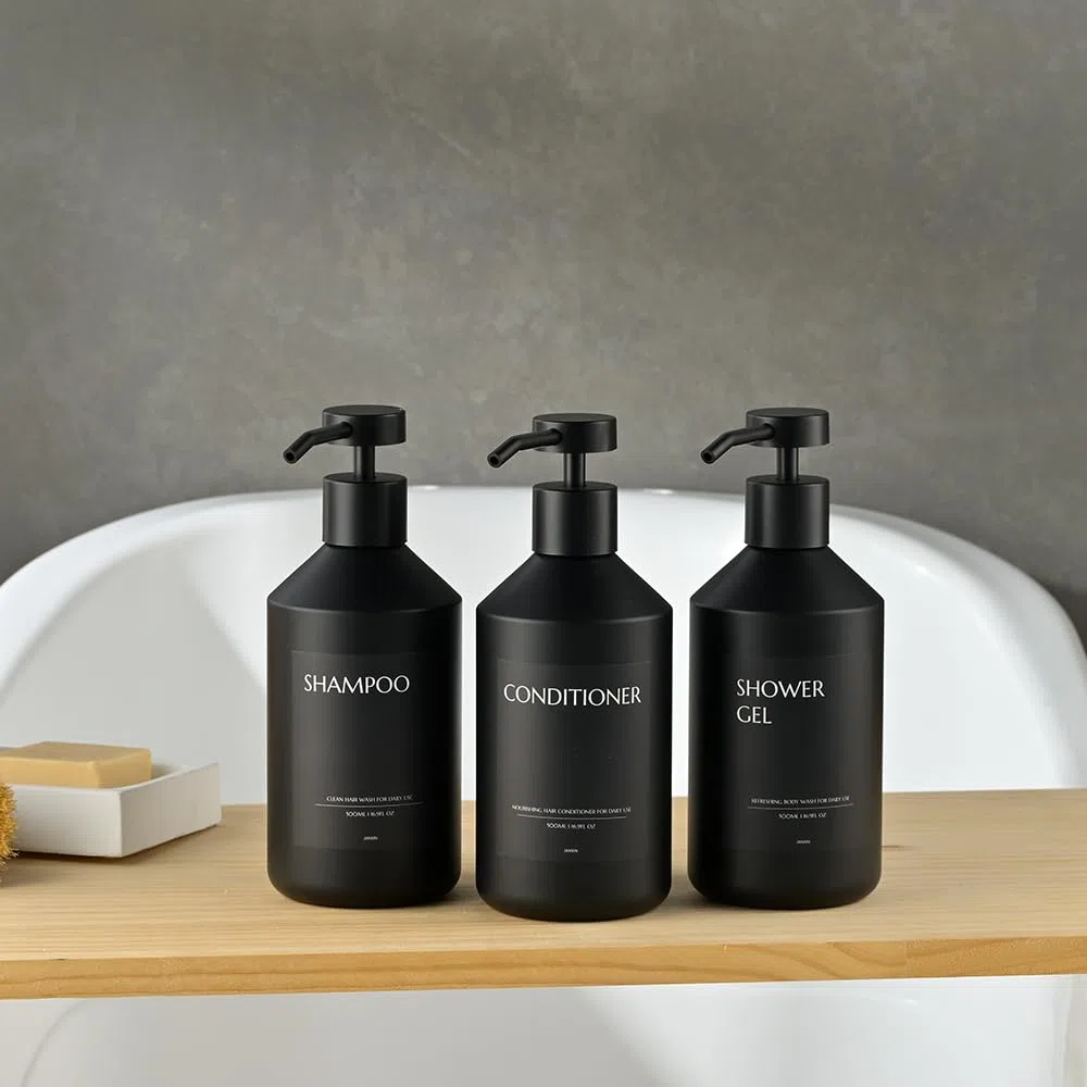 3 Pezzi 500ml Dispenser Sapone Doccia Senza Foratura, 500ml, Dispenser Sapone Bagno a Muro, Dispenser Bagnoschiuma Doccia, Con 12 Etichette Impermeabili (Bottiglia nera + testa nera)