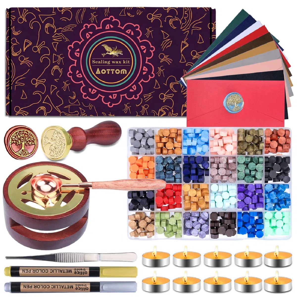 Set di cera per sigillo, 720 perline di cera, in 24 colori+1 timbro di cera+10 candele tealight + 1 scalda+2 penne acriliche, ecc. per buste, lettere, matrimoni, biglietti di Natale, confezione regalo