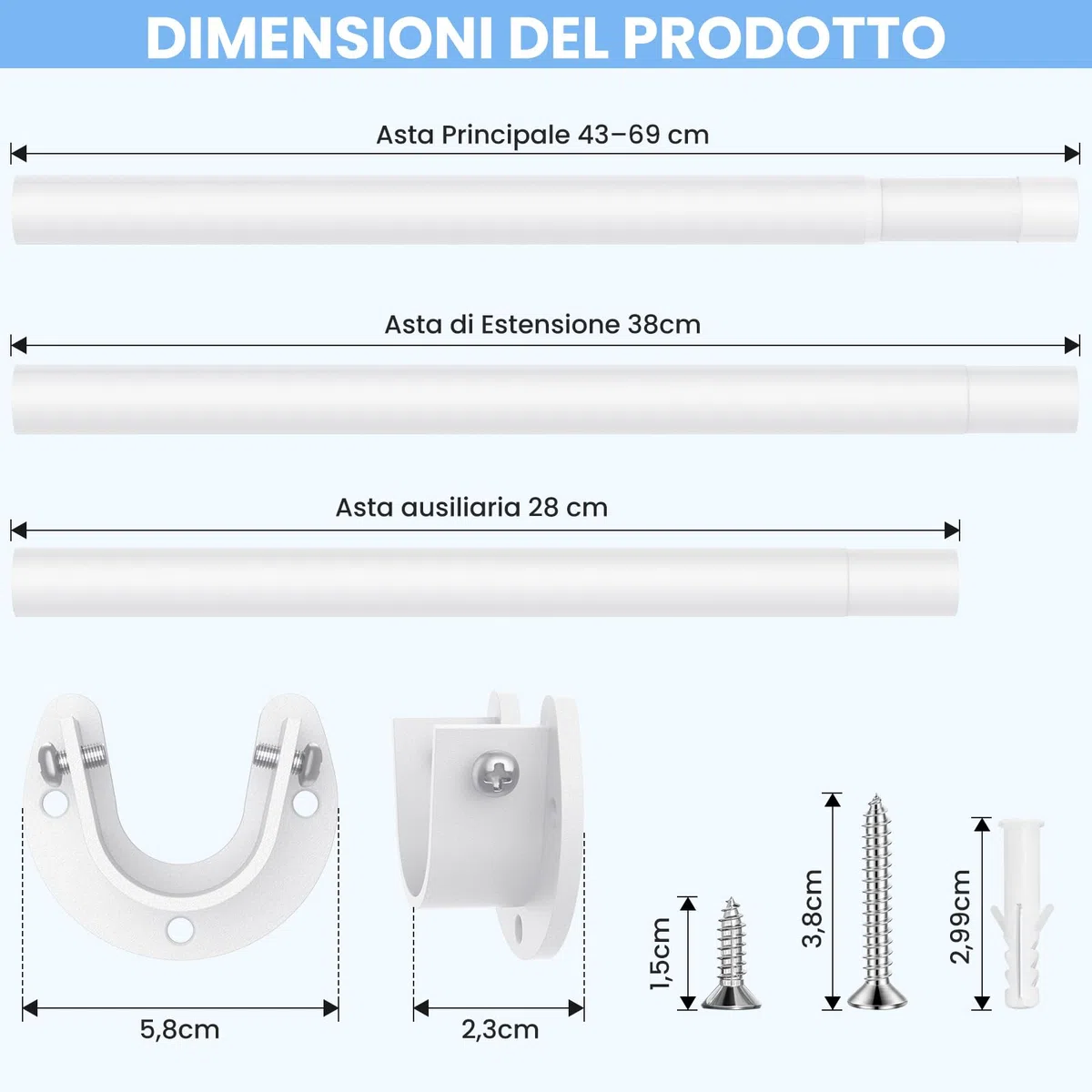 Barre per Armadio per Appendere i Vestiti, Asta Appendiabiti Senza Scalini da 43 a 135 cm, Barra Appendiabiti in Metallo con Diametro di 3,3 cm per Armadi, Lavanderie, Bianco