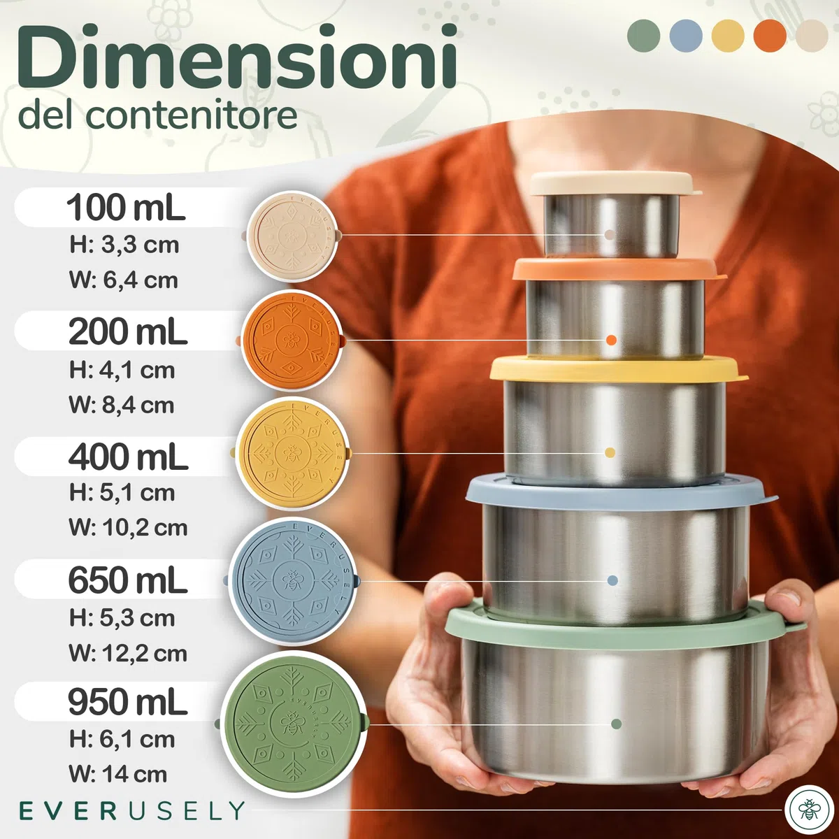 Everusely - Porta pranzo in acciaio inox con coperchi ermetici - Set da 5, collezione Muted - Porta pranzo ermetico - Contenitori per alimenti impilabili