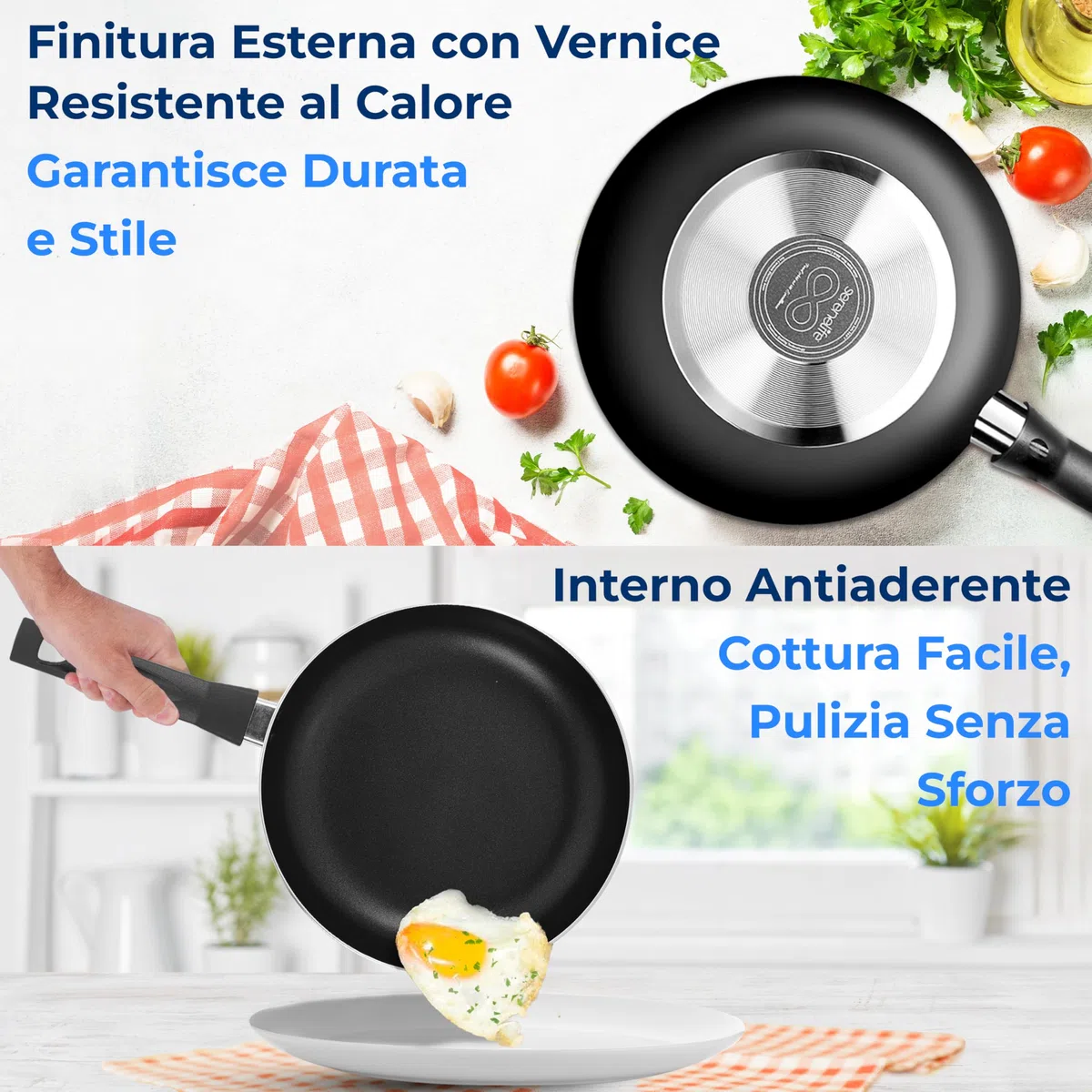 SereneLife Pentole e Padelle Set Cucina 15 Pezzi, Rivestimento Antiaderente Senza PFOA/PFOS, Smalto Resistente al Calore, Manici in Bachelite, Nero