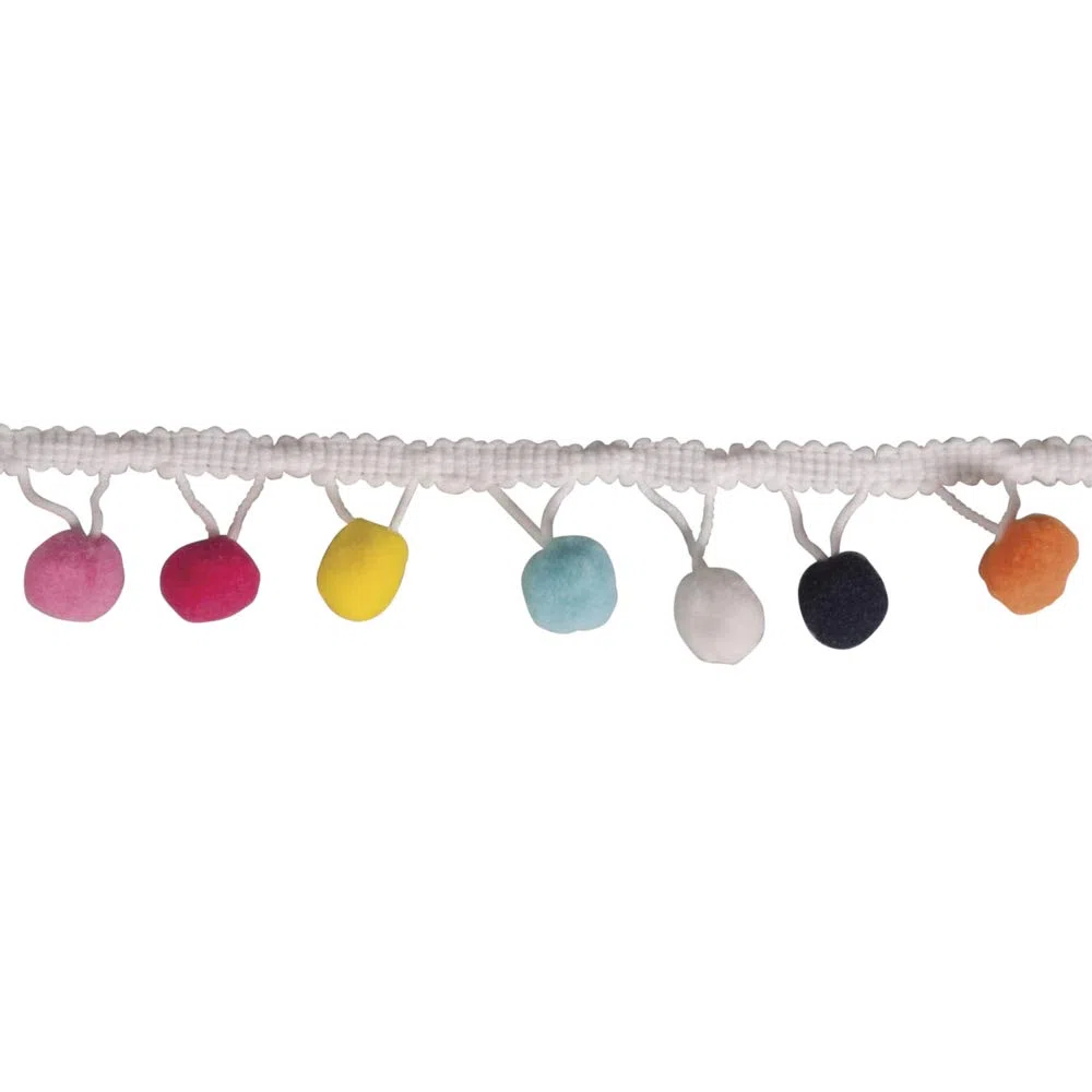 Rayher 55853999 Bordatura con Pompon rotondi colori diversi, dimensione 3cm, lunghezza 2m, passamaneria, per personalizzare vestiti, costumi, borse e per lavori creativi vari