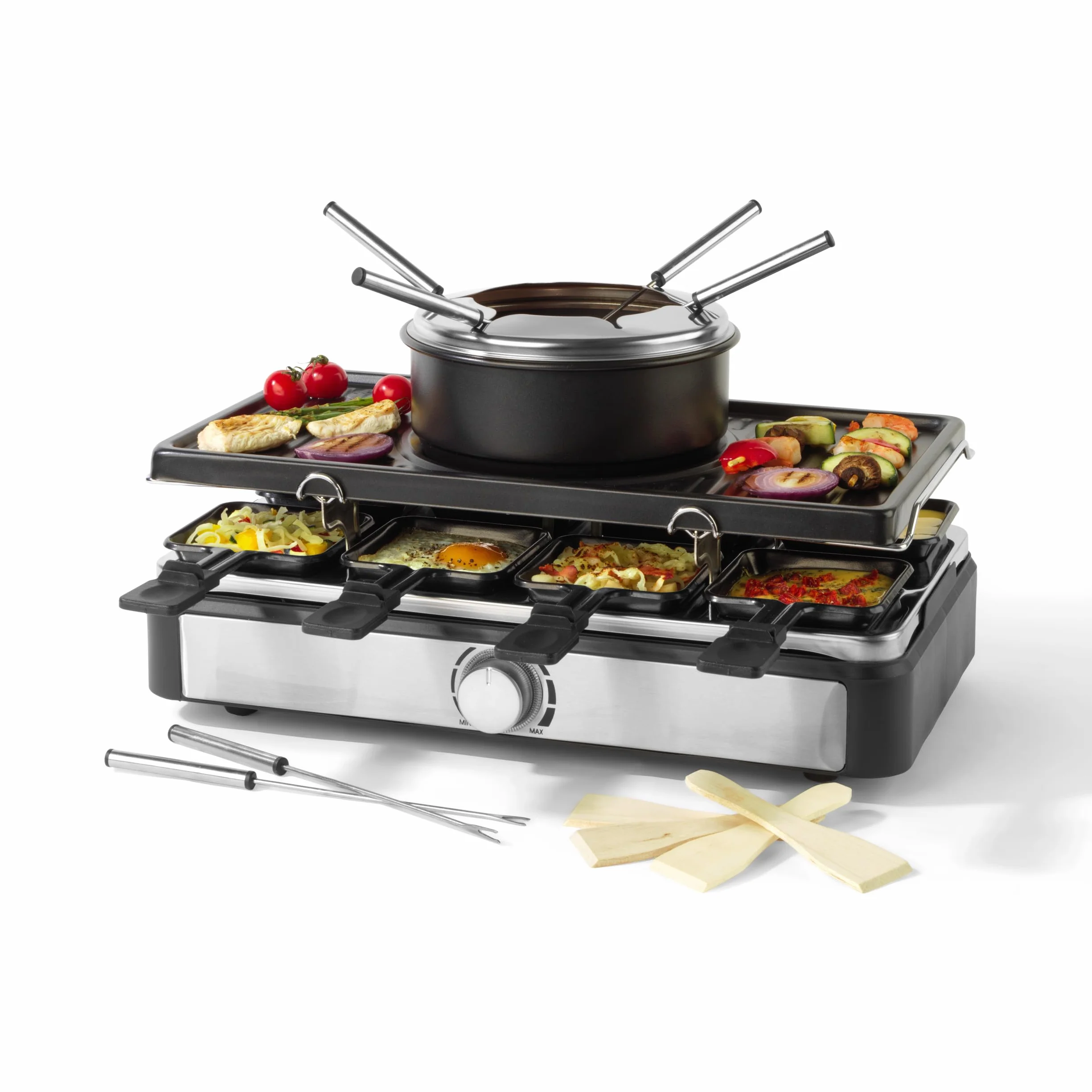 Petra PT4513VDE Grill Raclette - 6 Persone 2 in 1 Piastra Raclette e Foduta Formaggio, padelle per griglia antiaderenti, termostato regolabile, 6 forchette, 8 spatole in legno, Pentola da 1,3L, 1400W