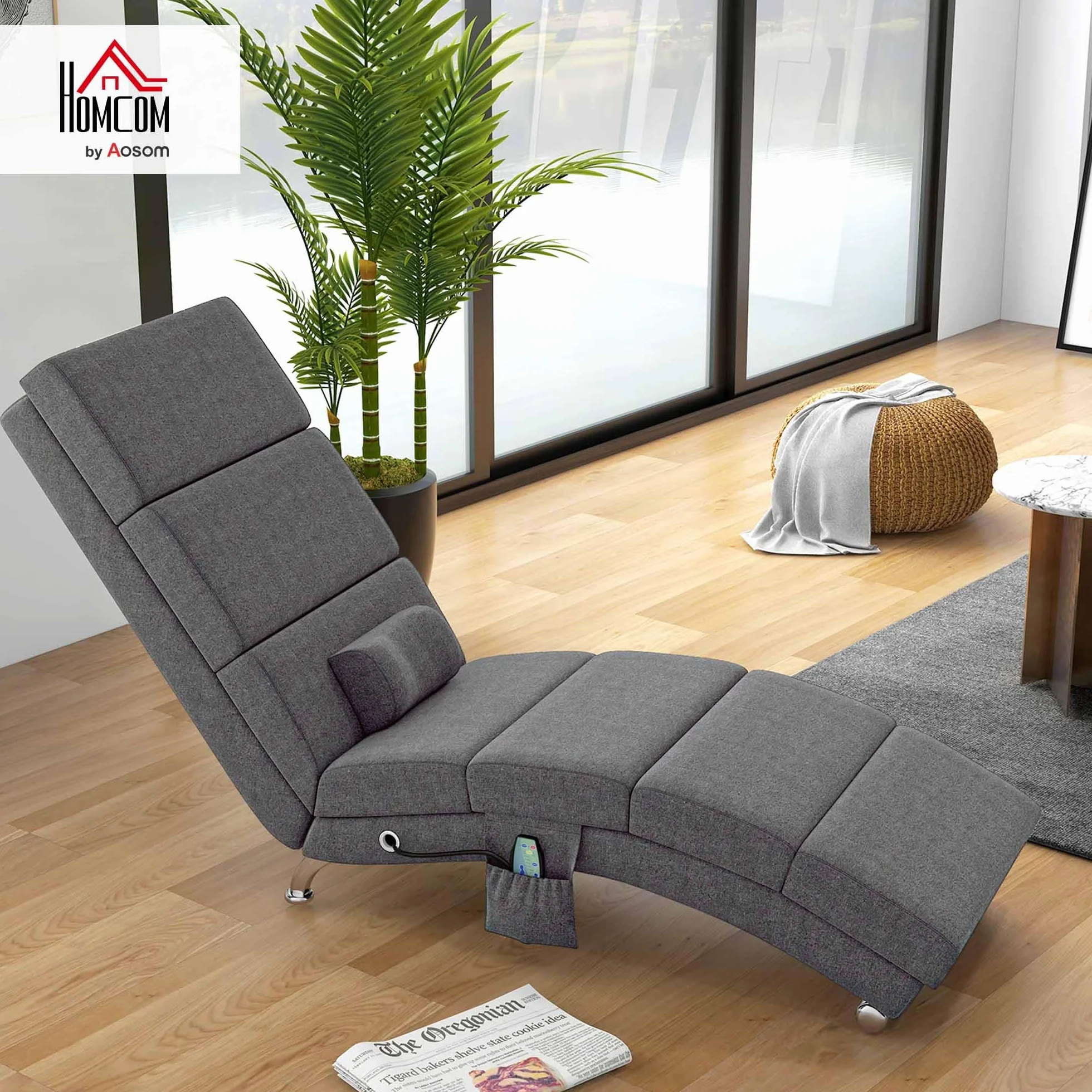 HOMCOM Poltrona Relax Massaggiante con 8 Punti Vibranti e Riscaldamento, 5 Modalità e 3 Timer, Chaise Longue Ergonomica in Tessuto Effetto Lino con Telecomando, Grigio