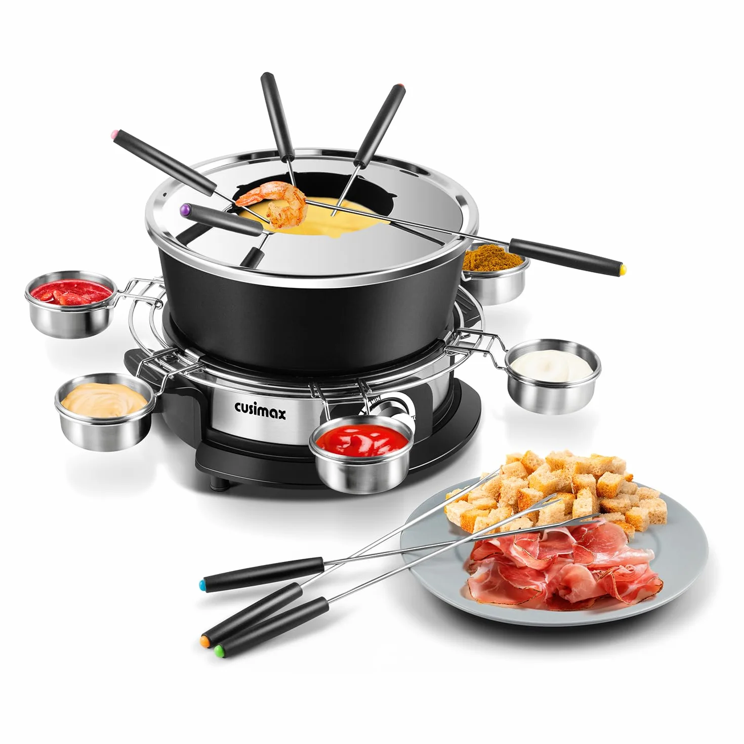CUSIMAX Set fonduta elettrica con regolazione della potenza da 1200 W, per formaggio, cioccolato, olio e brodo, 2 l, pentola per fonduta elettrica antiaderente con 8 forchette, 6 tazze e manico