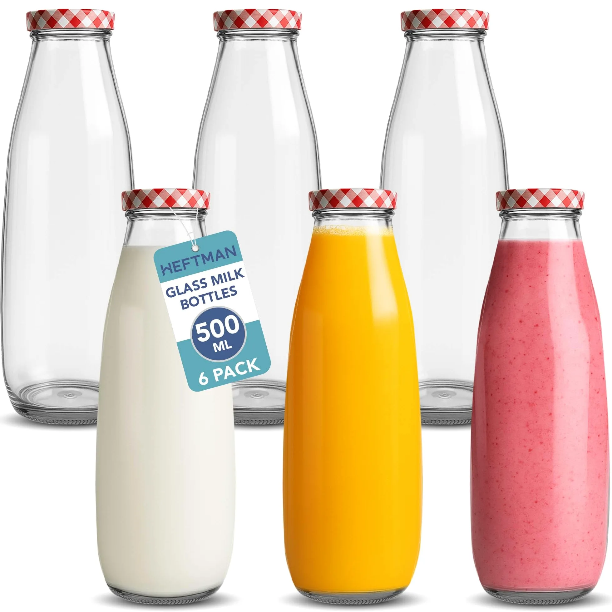 HEFTMAN Bottiglie per latte in vetro con coperchio, vuote, 500 ml, set di 6 bottiglie ermetiche con coperchio rosso a quadretti per bevande, liquidi e decorazioni, bottiglie in vetro retrò per succhi