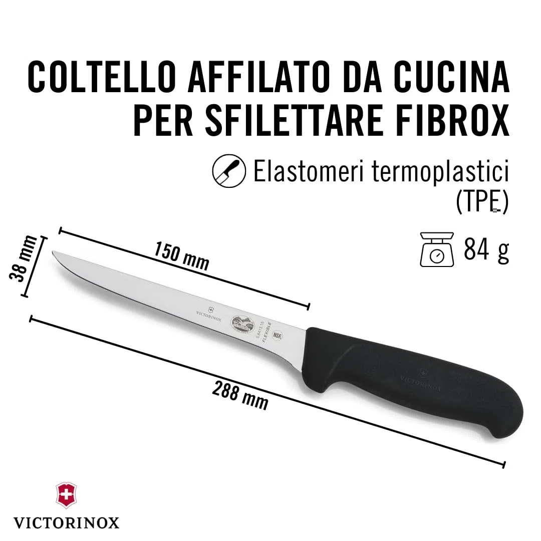 Victorinox Fibrox, Coltello per disossare, Coltello da Cucina stretto per Carne e Pollame, 15 cm, Lama Dritta, Stretta, Flessibile, Affilata, Acciaio Inossidabile, Nero