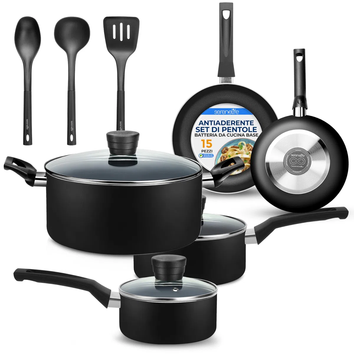 SereneLife Pentole e Padelle Set Cucina 15 Pezzi, Rivestimento Antiaderente Senza PFOA/PFOS, Smalto Resistente al Calore, Manici in Bachelite, Nero
