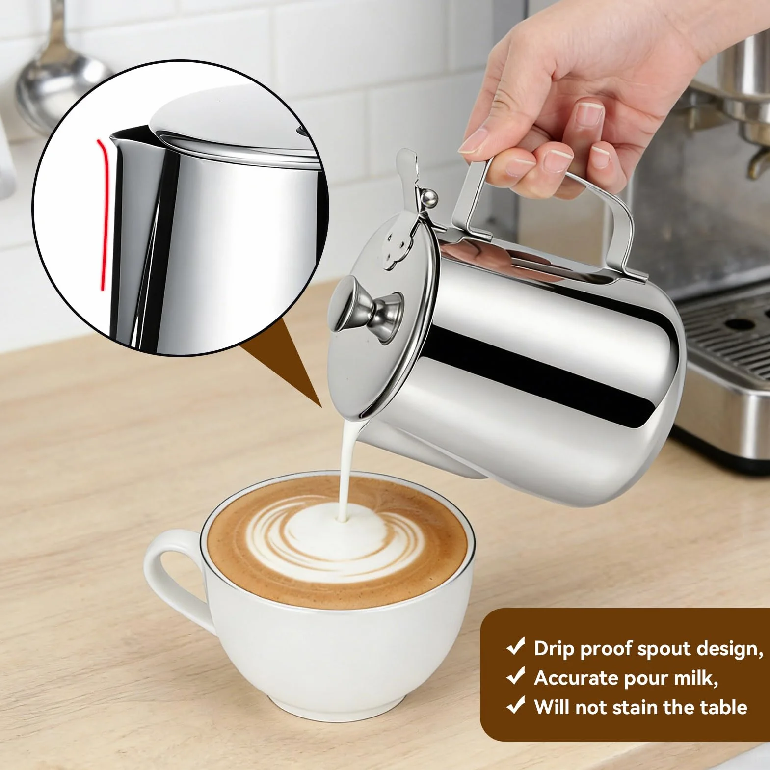 Brocca per latte con coperchio, brocca per montalatte da 600 ml/1000 ml brocca per latte in acciaio inossidabile tazza brocca per schiuma di latte con manico per caffè latte Art (600 ml)