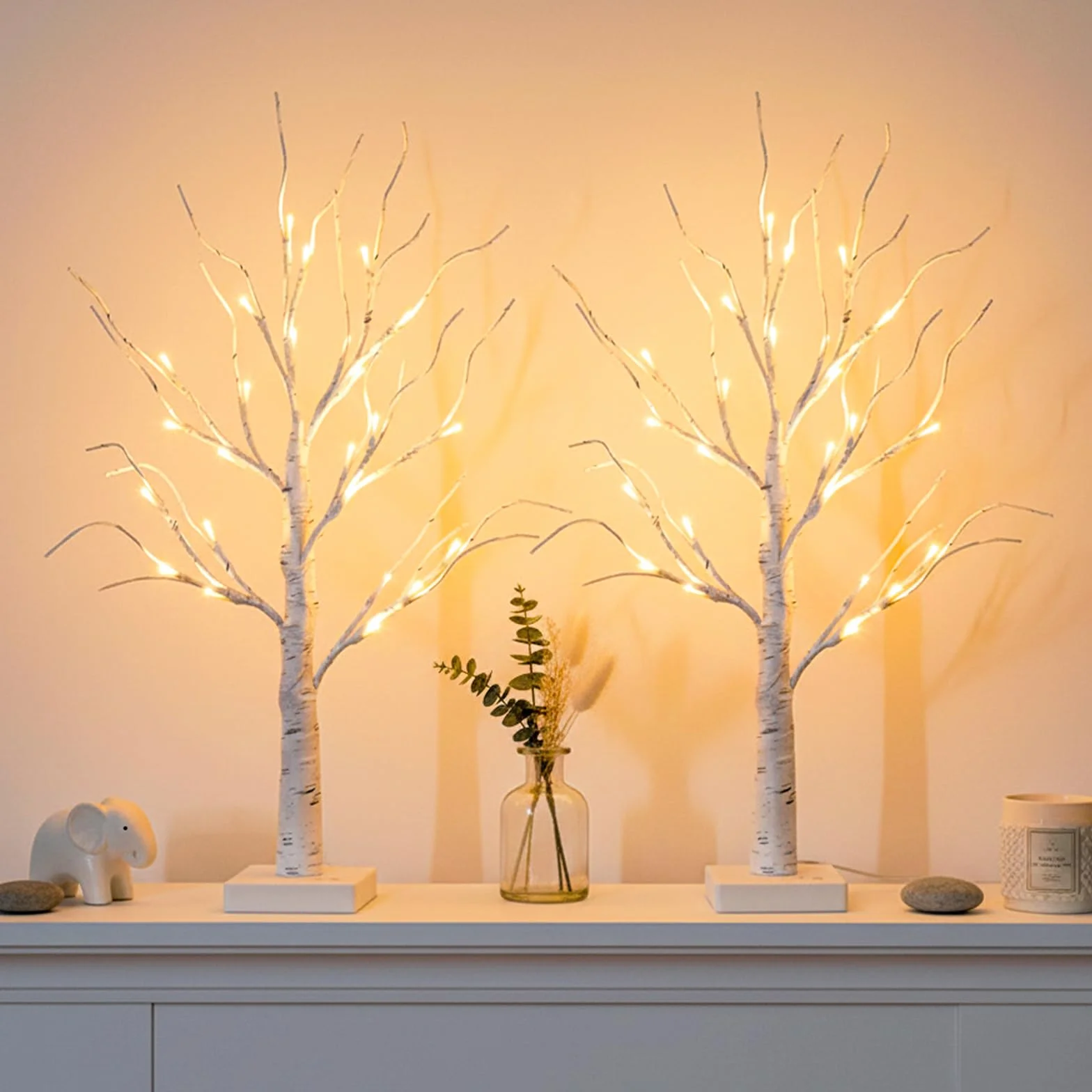 EAMBRITE Set di 2 Albero di luce 24 bianco caldo LED Albero di betulla con funzionamento a batteria, decorazione di Pasqua e Natale per la casa all'interno (60cm/2ft)