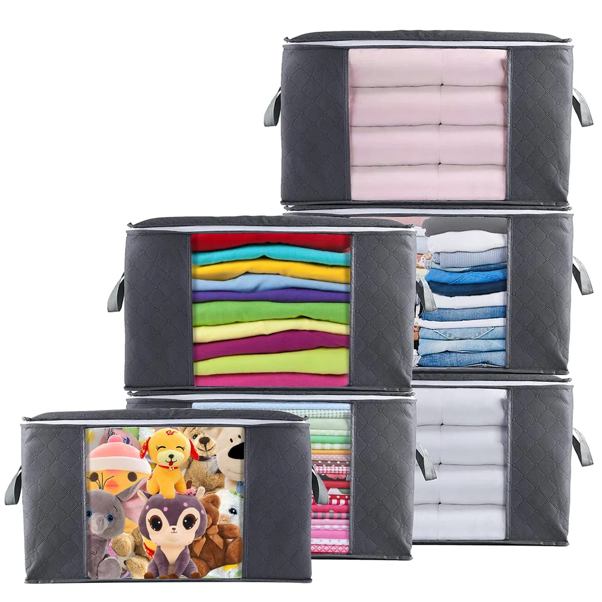 6pcs Scatole per Armadio Salvaspazio, 90L Contenitori per Armadio Pieghevole con Finestra Trasparente e Manici, Scatole per Vestiti in Tessuto, Borsa Organizzatore per Trapunte, Coperte