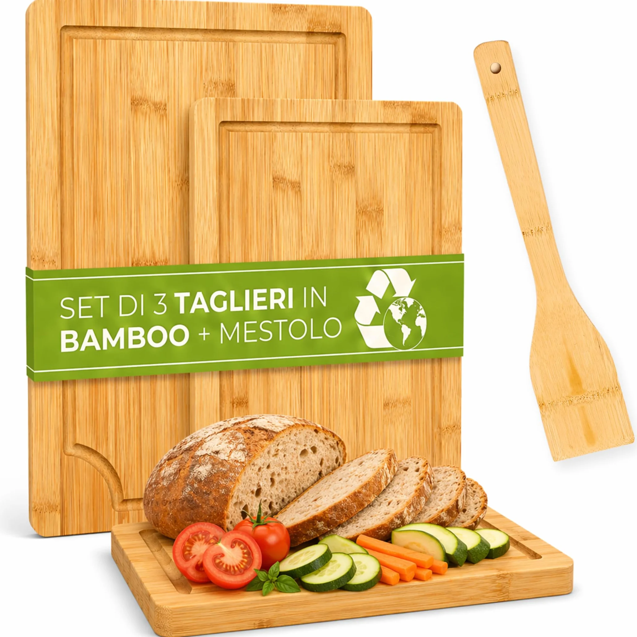 FAH - Set 3 Taglieri in Bamboo da Cucina Professionali con Mestolo da Cucina - Legno Naturale Antibatterico Ideale per Tagliare Carne, Formaggi, Pane, Aperitivo