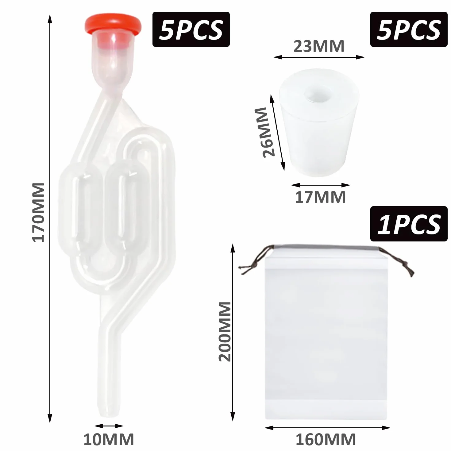 MEMOFYND 5 pezzi tubi di fermentazione, 5 tappi in silicone, 1 sacchetto di conservazione, set per la preparazione della birra, tubi di fermentazione con tappi in gomma, valvola di scarico per la