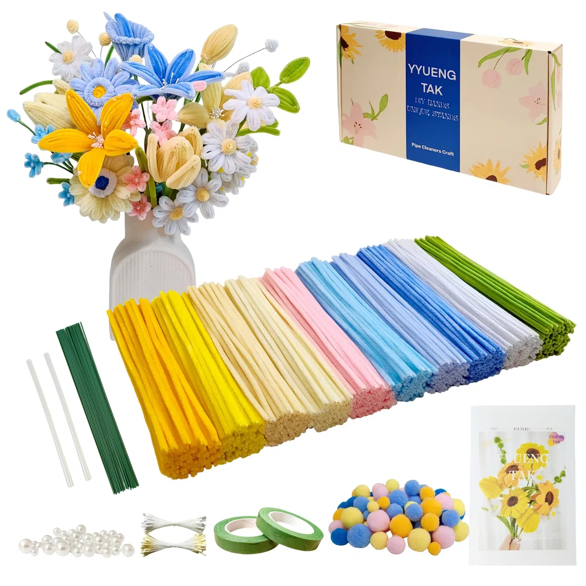 YYUENGTAK Set di 500pz Scovolini Colorati per Fiori（Color pastello）,Scovolini Colorati per Lavoretti Giallo e blu,Scovolini Ciniglia,Pipe Cleaner flower con Istruzioni,Pompon,20 Fili per Fiori,Stameni
