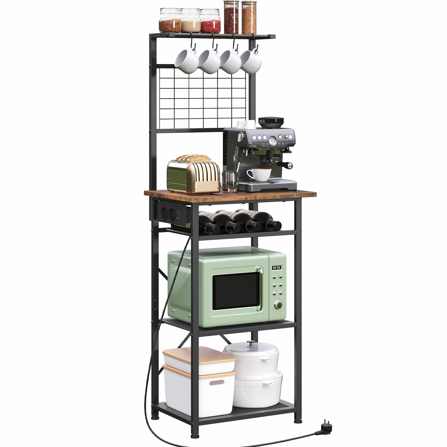 MAHANCRIS Scaffale da Cucina con Presa di Corrente, Supporto per Microonde, Stazione Bar per il Caffè, con Portabottiglie e Ganci, 2 Prese e 1 Interruttore, Marrone Vintage e Nero ABRHR23UE01