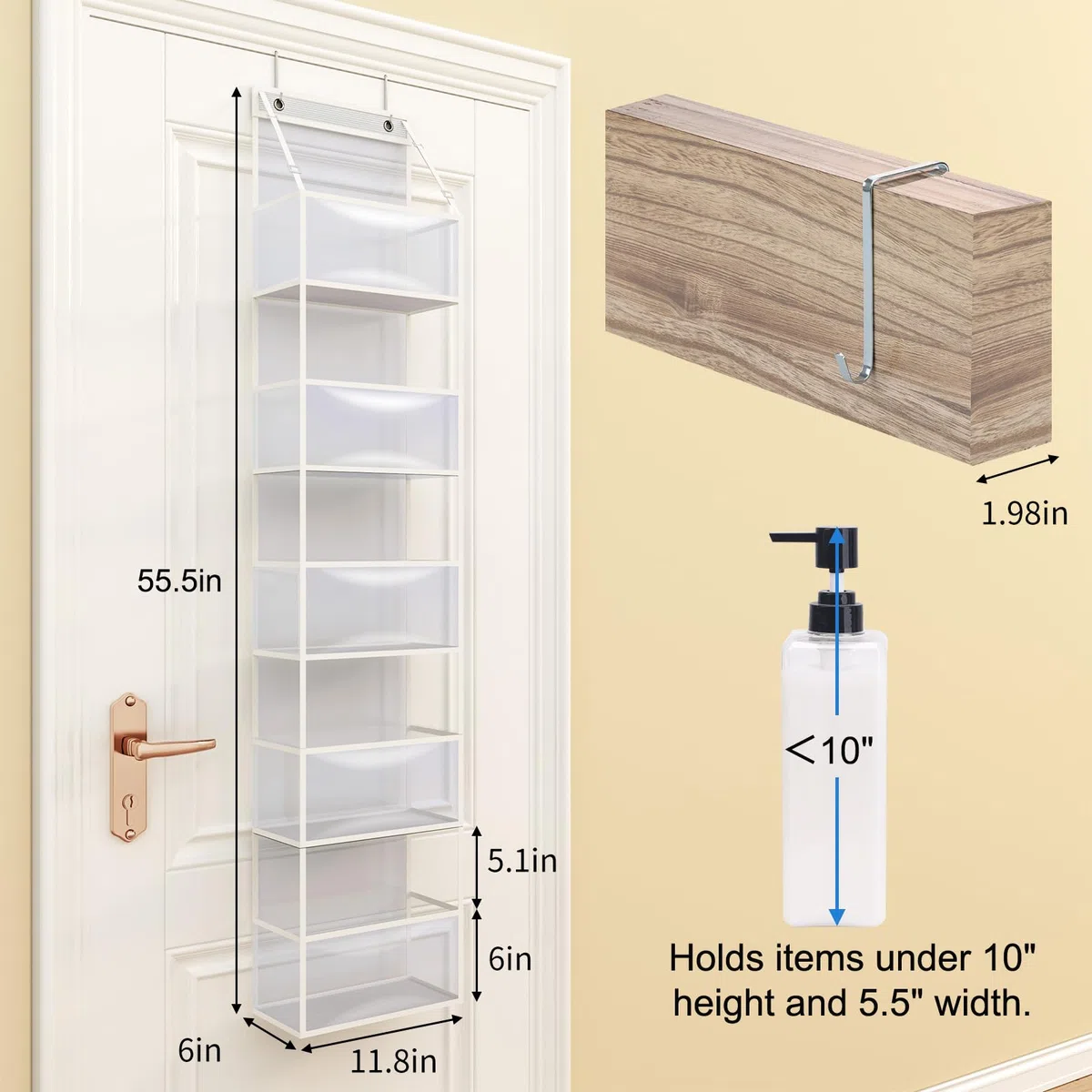 Fixwal Organizer da appendere alla porta con 5 ripiani, organizer per stanza con tasche in plastica trasparente, 11,3 kg, ultra robusto e di grande capacità, per armadio, camera da letto, asilo, bagno