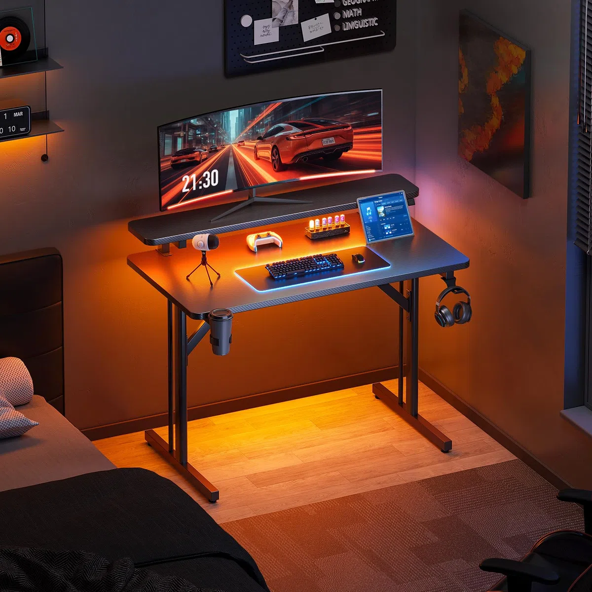 ODK Scrivania Gaming, 80cm Postazione Gaming con Luci LED, Tavolo Gaming con Supporto per Monitor, Scrivania Computer in Fibra di Carbonio Nera