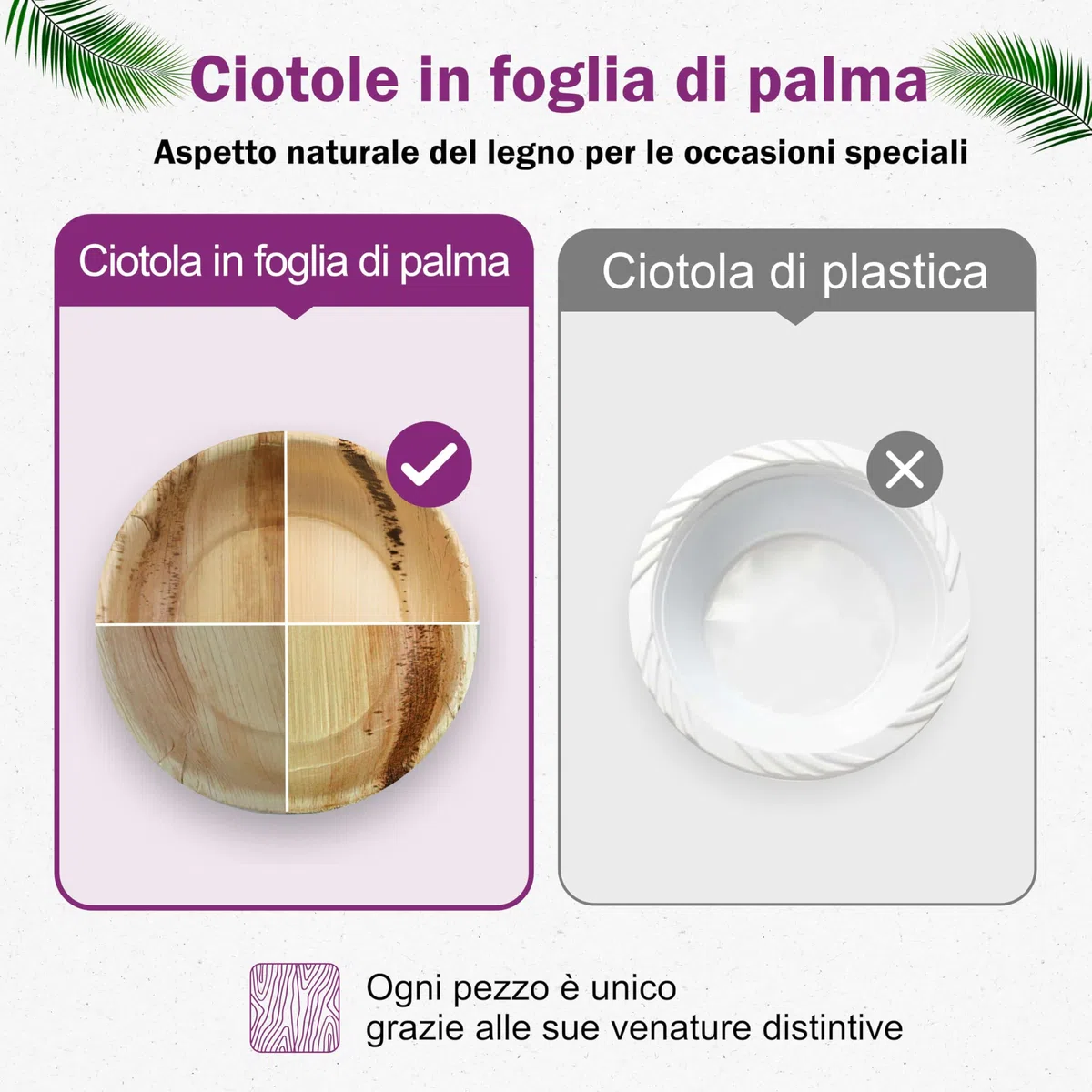 Ciotole in Foglia di Palma Ecologici - 25 Pz 15 cm / 500 ml - Stoviglie usa e getta Compostabili di Alta Qualità - Eleganti e Resistenti - Simile al Bambu - Ideale per Feste