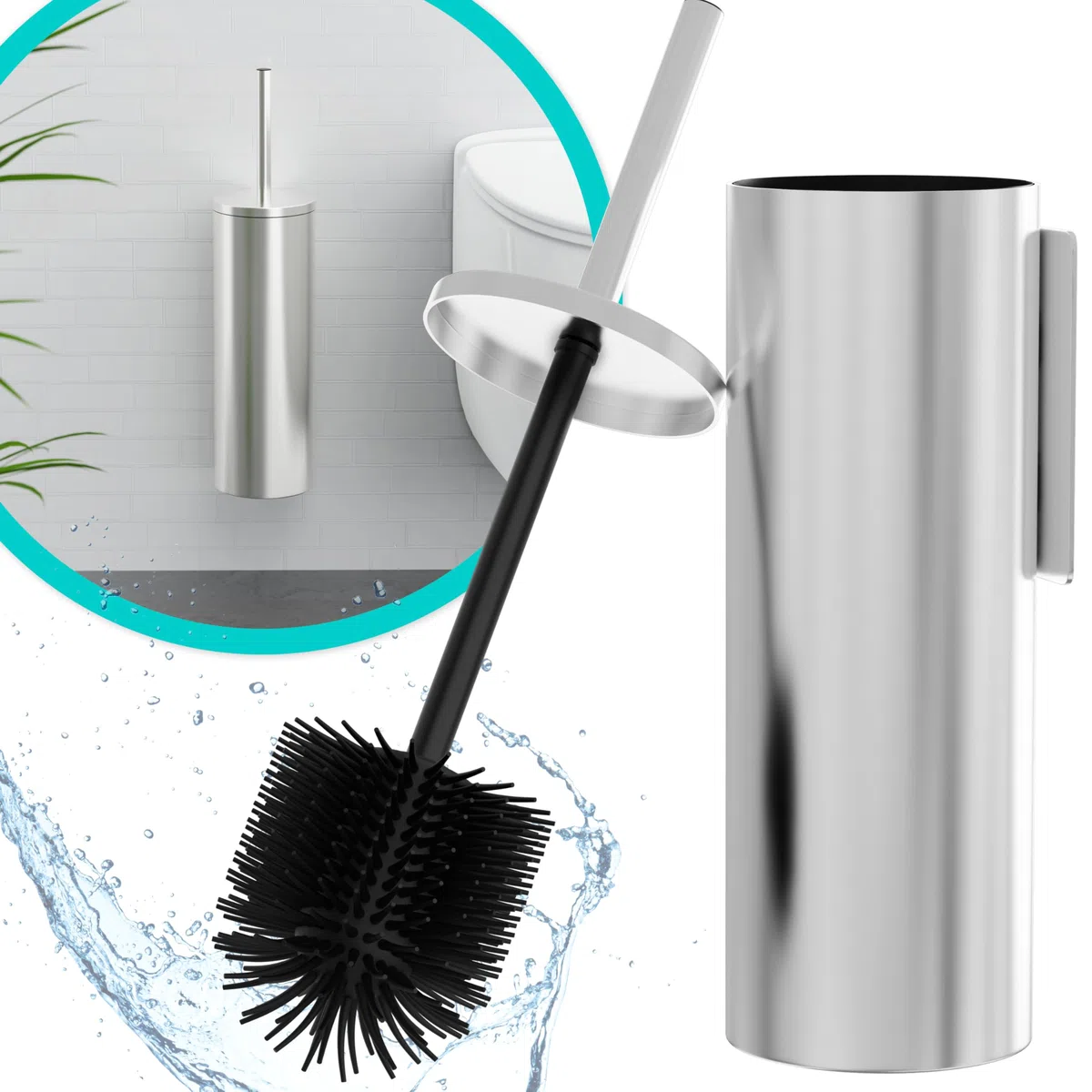 Scopino WC Sospeso - Scopino Silicone e Metallo - Nessuna Foratura - Montaggio a Parete con Adesivo o Vite - Acciaio Inox 304 - Porta Scopino Bagno WC - WC3611