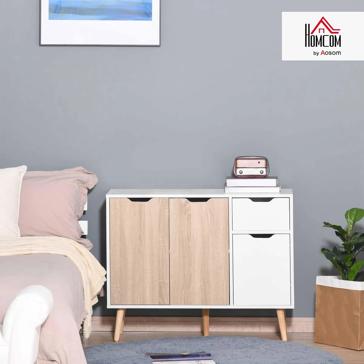 HOMCOM Mobiletto Multiuso con Cassetto e Armadietti, Credenza Stile Nordico in Legno per Camera, Soggiorno, Studio, 90x30x72 cm, Bianco e Color Legno