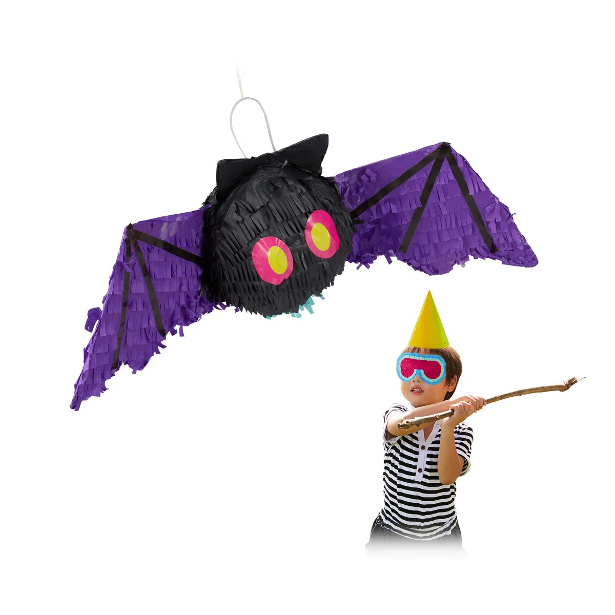 Relaxdays Pignatta a Forma di Pipistrello, da Appendere, Bambini e Adulti, da Riempire, per Halloween & Compleanni, nera