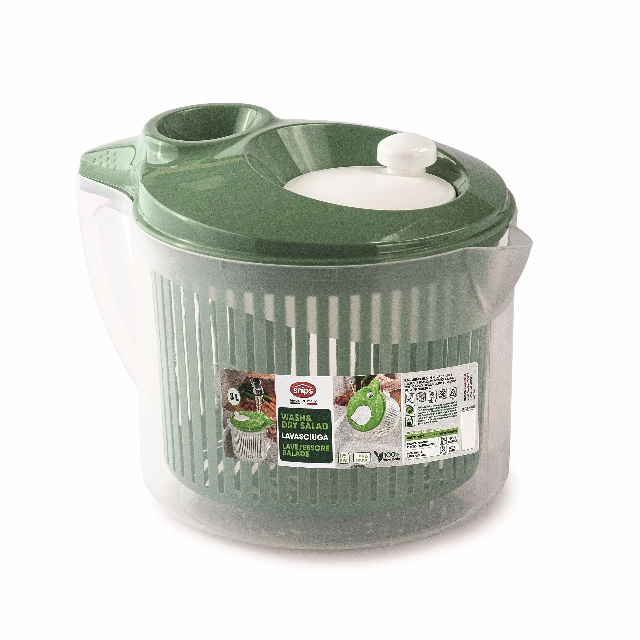 Snips 90068 Lava & Asciuga Centrifuga per Insalata con Scolo dell'Acqua dal Coperchio |3 LT | 19,5 x 26,5 x 19 cm | Colore Verde|Made in Italy | Bpa Free, Plastica