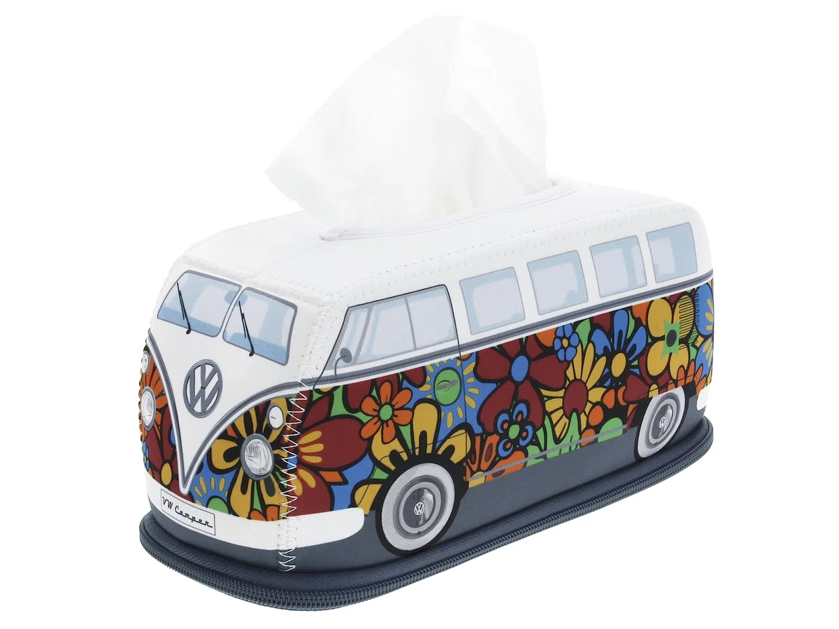 BRISA VW Collection - Volkswagen Porta fazzoletti in Neoprene, dispenser di fazzoletti per comodino, salotto, Campervan T1 Bus design (Flower Power/Multicolore)