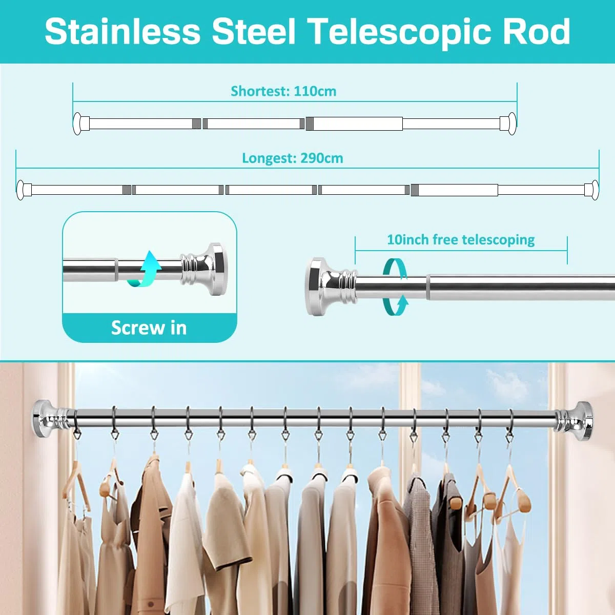 BreeRainz Bastone Tenda a Pressione da 110 a 290 cm Estensibile Bastoni per Tende Telescopico Asta Tenda a Pressione per Finestra Bagno Armadio Armadio Cucina Balcone Porta, Acciaio Inox