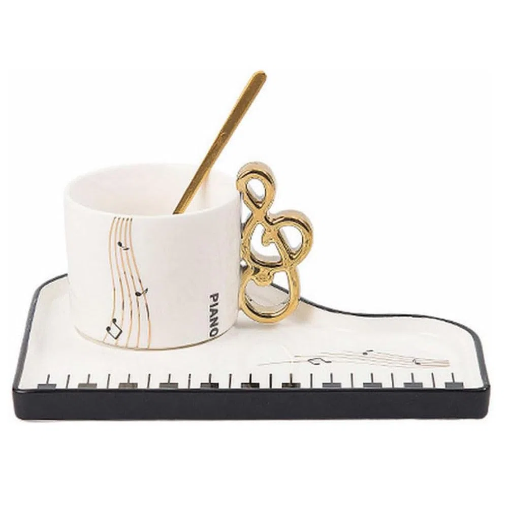 Tazze in Ceramica con Note Musicali con Piattino e Cucchiaino, Tazze da Caffè Creative con Tema Piano, Tazze da Cappuccino 200 ml, Tazze da Caffè in Porcellana, Tazze Mocha in Set Regalo (Bianco