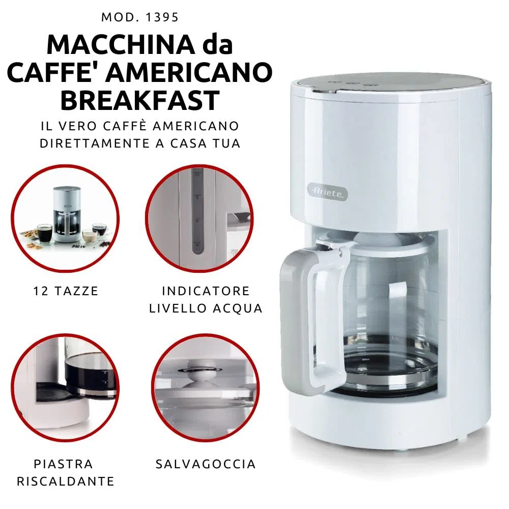 Ariete Macchina Caffè Filtro Breakfast 1395, Macchina Caffè Americano, Fino a 12 Tazze, Indicatore Livello Acqua, Piastra Riscaldata, Filtro e Portafiltro Lavabili, Dispositivo Antigoccia, Bianco