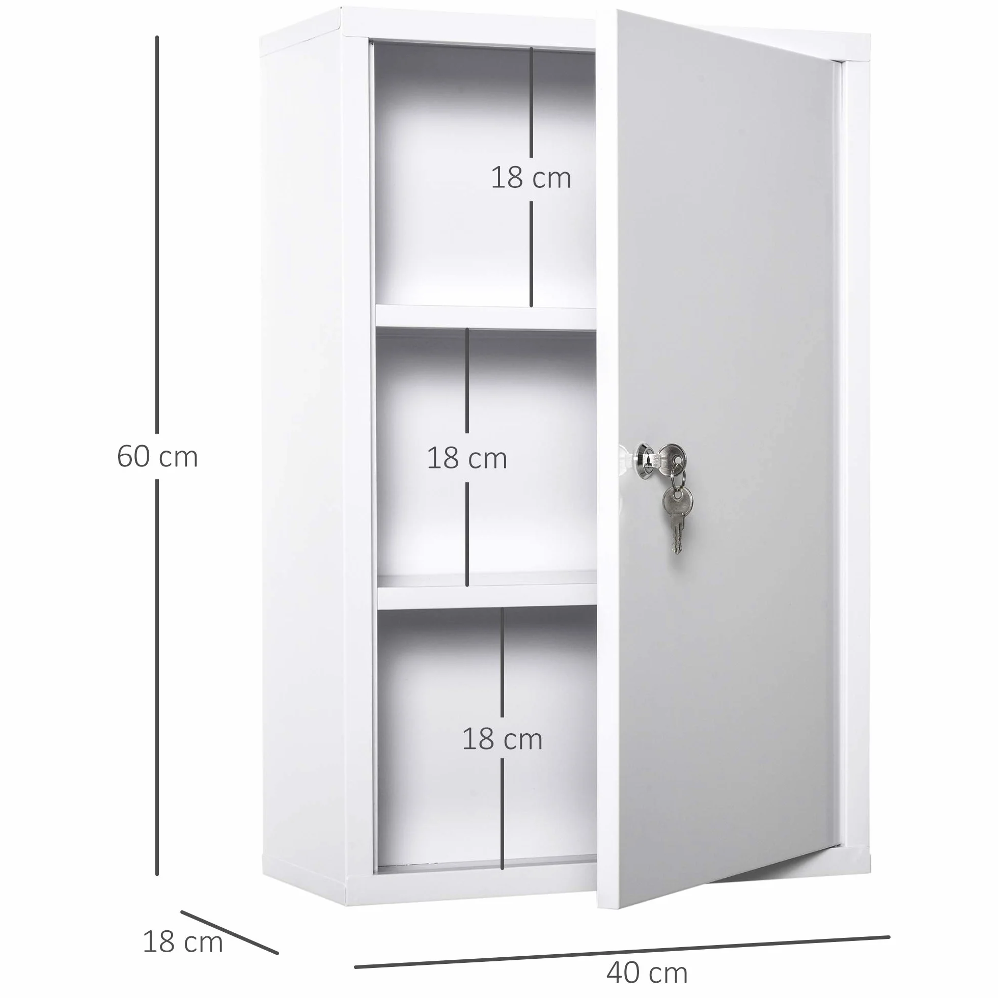 kleankin Armadietto Medicinali a 3 Livelli in Acciaio con 2 Chiavi e Montaggio a Parete, 40x18x60 cm, Bianco