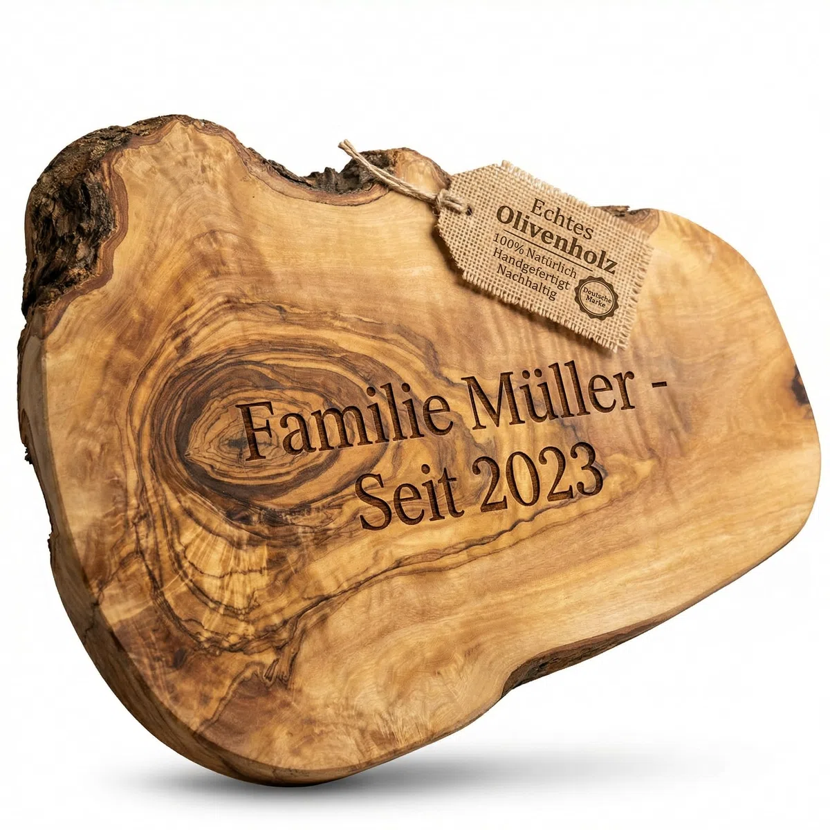 Tagliere personalizzato, legno d'ulivo - Tagliere rustico in legno d'ulivo con incisione come regalo individuale (50-55 cm)