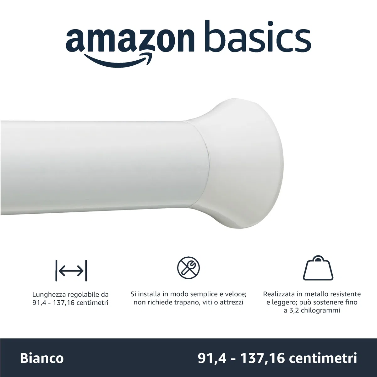 Amazon Basics Bastone regolabile per tenda da doccia, da 91 a 137 cm, bianco
