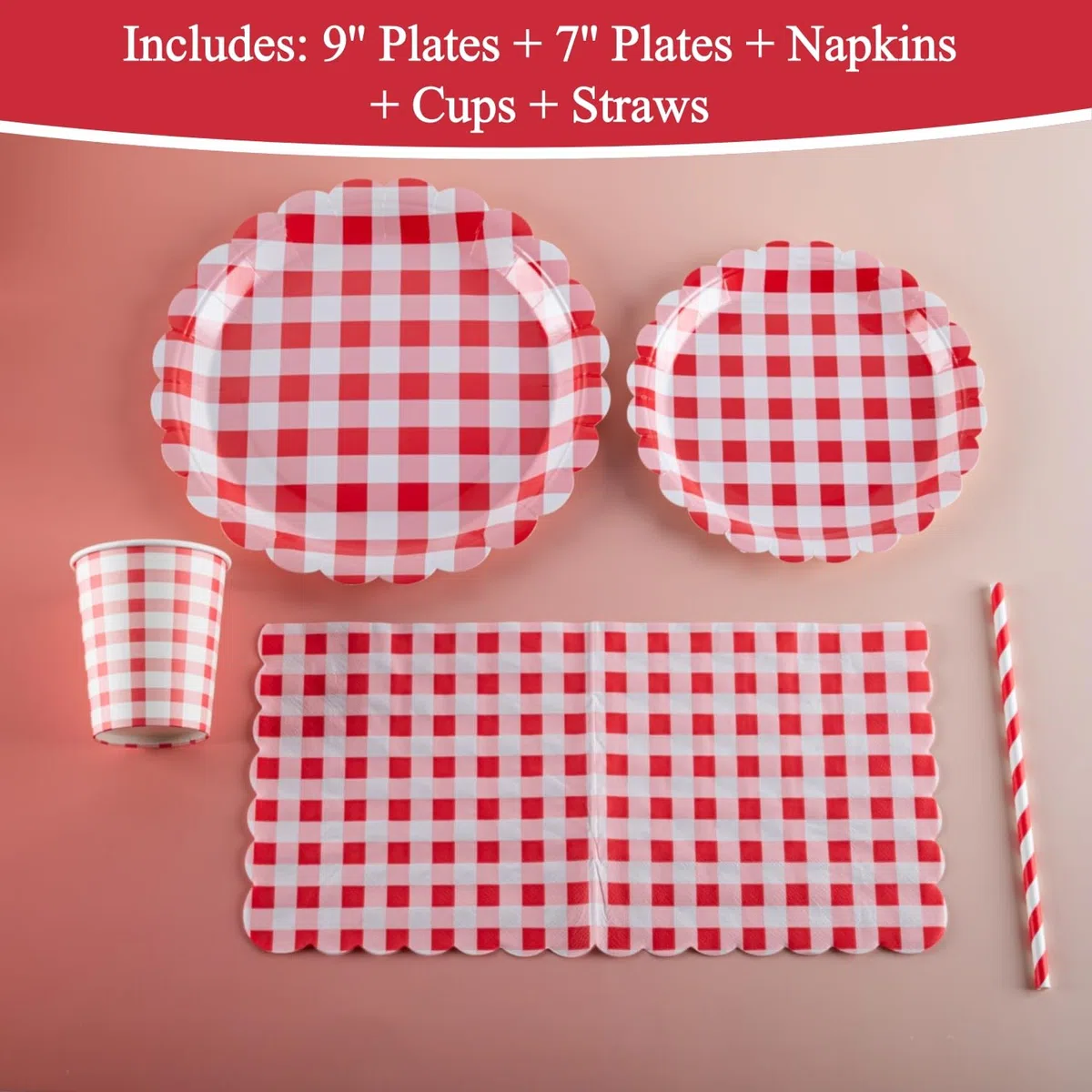Set di piatti per feste, bicchieri e tovaglioli per 25 ospiti, include piatti di carta smerlati a quadretti rossi (17,8 e 22,9 cm), perfetti per feste, eventi e celebrazioni