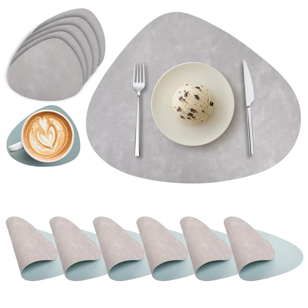 Tovagliette e Sottobicchieri Lavabili, Tovagliette Rotonde in Pelle PU, Tovagliette Bifacciale Impermeabile Resistenti al Calore Non-scivolose Tovagliette Americane (Set di 6, Grigio Chiaro Azzurro)