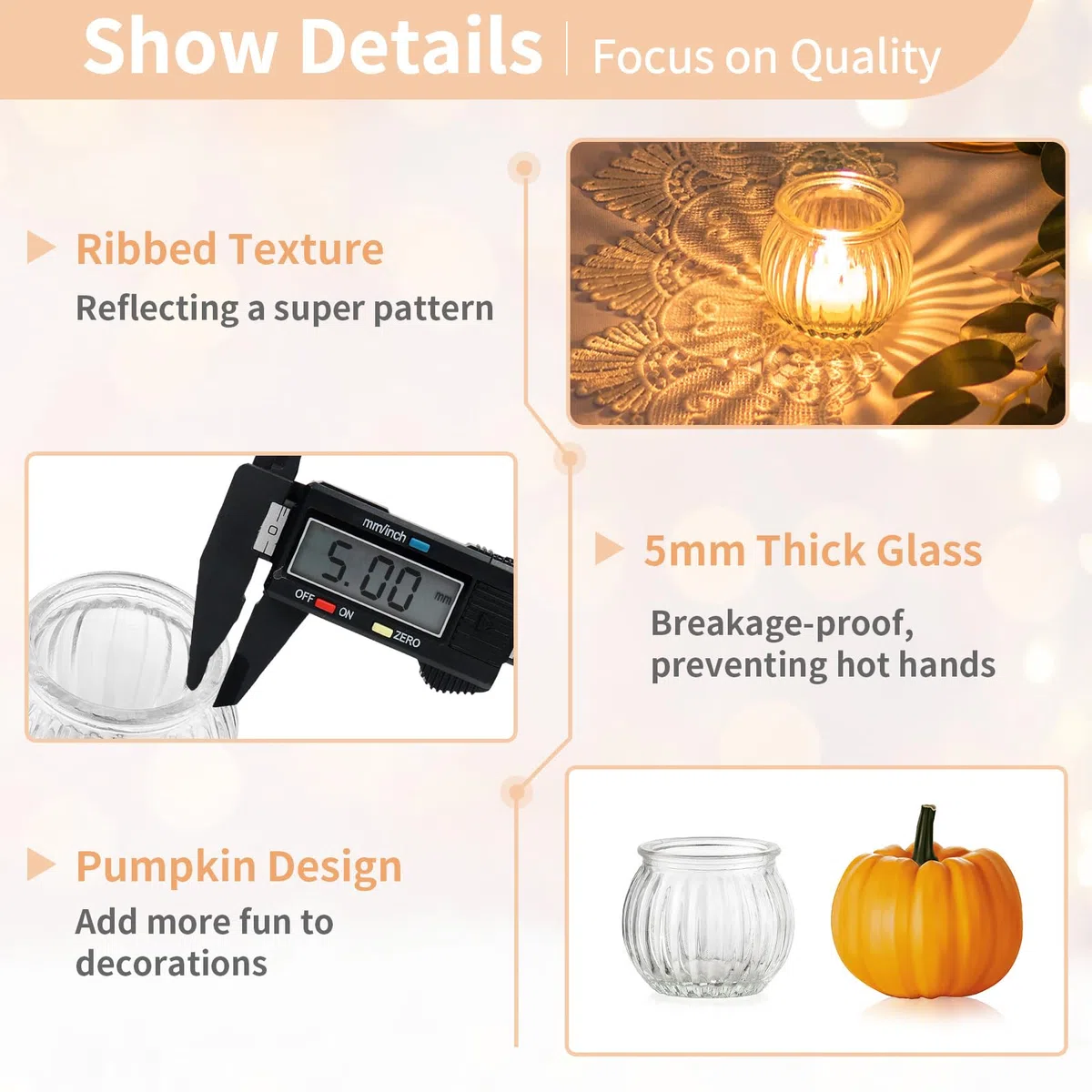 NUPTIO Portacandele in Vetro: 12 Pezzi Chiaro Zucca Natale Tea Light Titolari Piccolo Nervato Cristallo Tea Candle Matrimonio Centrotavola per le Tabelle Ornamenti di Natale