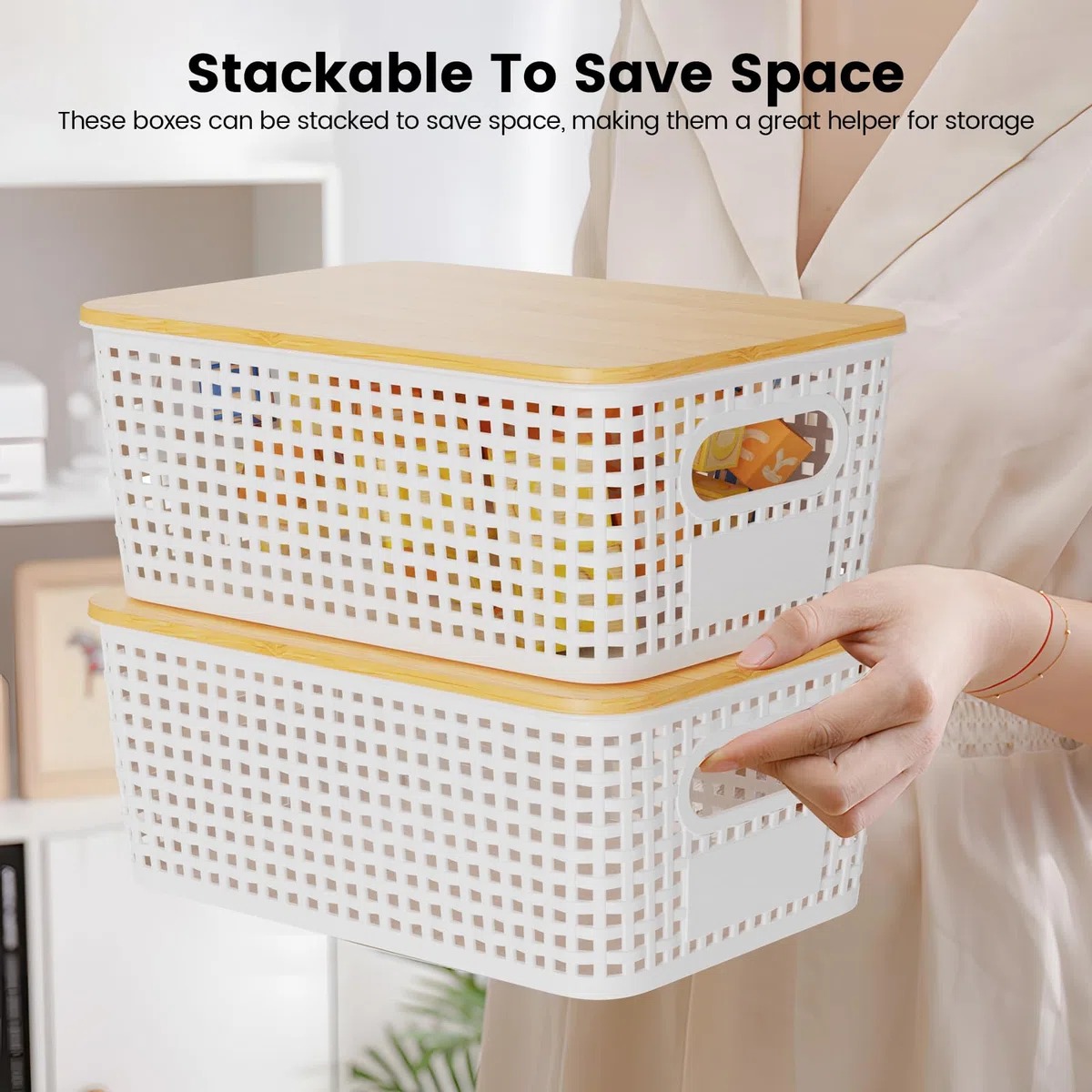 Set di 3 5L Scatole portaoggetti di Plastica con Bambù Coperchio Impilabili Salvaspazio Storage Cestini per Bagno Cucina Armadio Ufficio