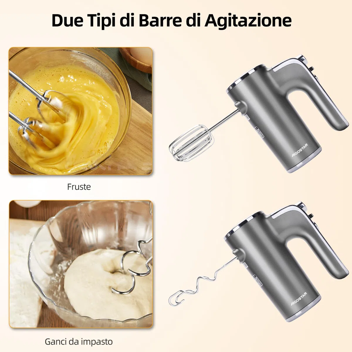 Aigostar Adela - Sbattitore Elettrico, Potenza di 400 W, 5 Velocità Regolabili e un Pulsante Turbo, una Staffa Portaoggetti, 2 Fruste e 2 Ganci. Color Argento
