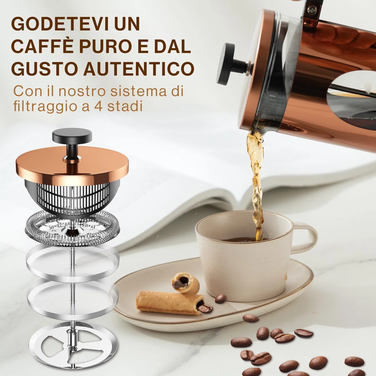 bonVIVO Caffettiera a Stantuffo French Press 8 Tazze (1000 ml) – Caffettiera in Vetro Borosilicato e Acciaio Inox per Caffè, Tè, Infusi e Cold Brew – Design Elegante Rame