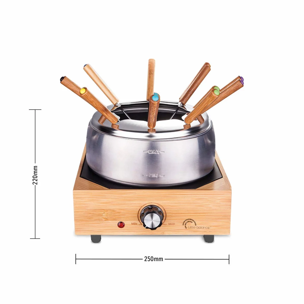 LITTLE BALANCE 8320 Wood Fondue 8 Inox – Apparecchio per fonduta 8 persone – Caquelon Inox antiaderente grande capacità 2 litri – Potenza 800 W – Finitura in vero bambù