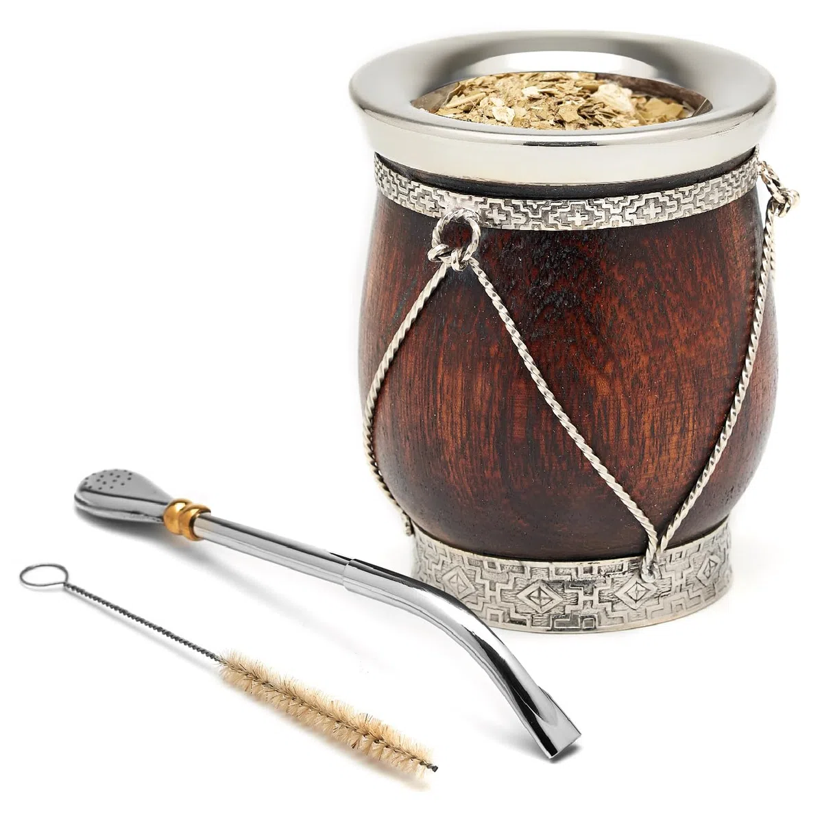 BALIBETOV Collezione Selezionata - Tazza Mate Naturale Premium con Dettagli in Argento Tedesco - Set Mate Naturale Fatta a Mano in Argentina - Include Bombilla e Spazzola per la Pulizia (Patagonia)