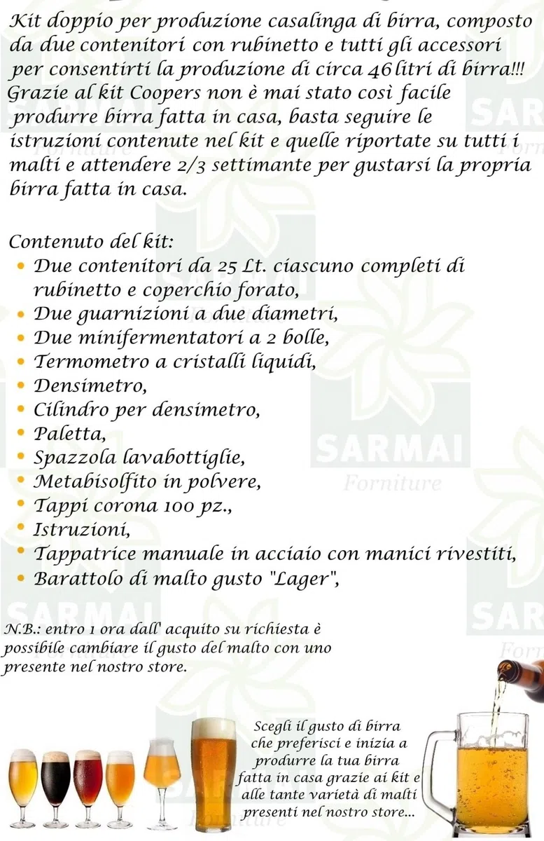 KIT FERMENTAZIONE COOPERS PER BIRRA CON 2 CONTENITORI + MALTO 23 LT + TAPPATRICE
