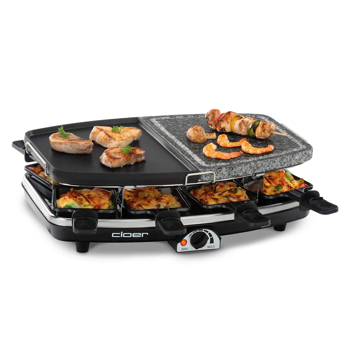 Cloer 6435 Griglia per Raclette con Piastra in Pietra Naturale e in Alluminio Pressofuso, 1200 W, padelline con rivestimento antiaderente