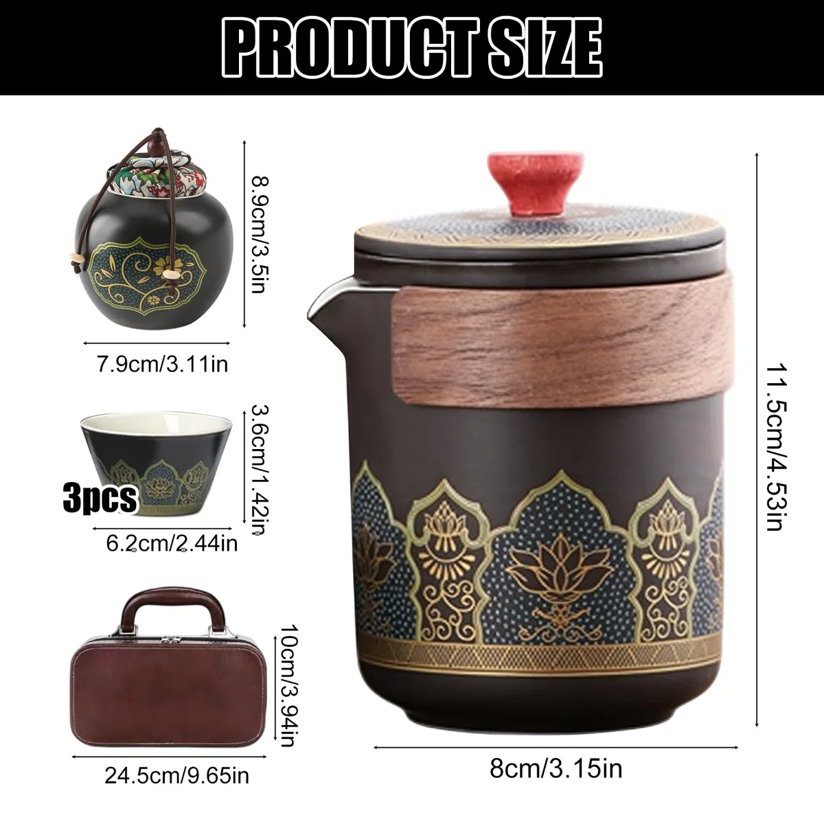 Set di teiera giapponese, da viaggio, portatile, servizio da tè giapponese, da viaggio in porcellana, 1 teiera (250 ml) + 3 tazze da tè (46 ml) + 1 contenitore da tè (180 ml), set da tè per ufficio
