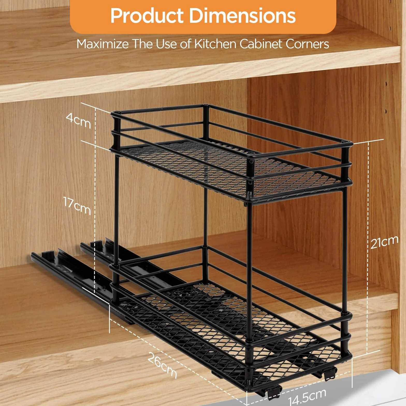 VINATO Portaspezie Scorrevole a 2 Livelli – Organizzatore Cucina Salvaspazio con Guide, Portaoggetti per Dispensa (26x15x21,8 cm)