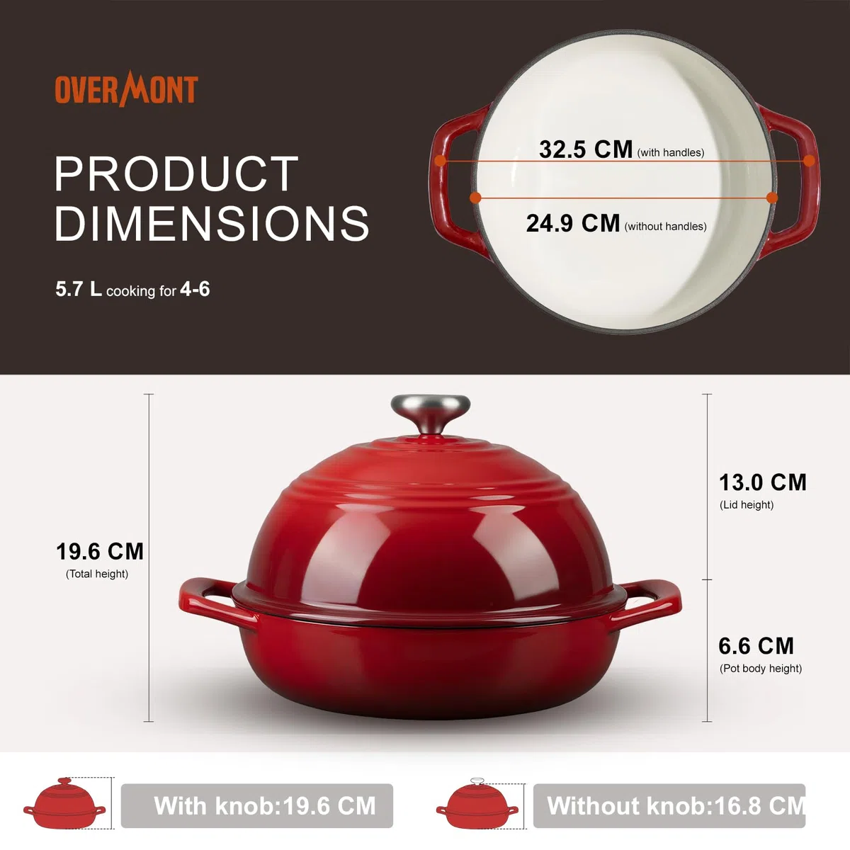 Overmont Pentola in Ghisa Smaltata per Pane - 5.7L Casseruola con Coperchio e Libro di Ricette - Per Cucina, Forno, Cuocere, Stufare e Arrostire - Rosso