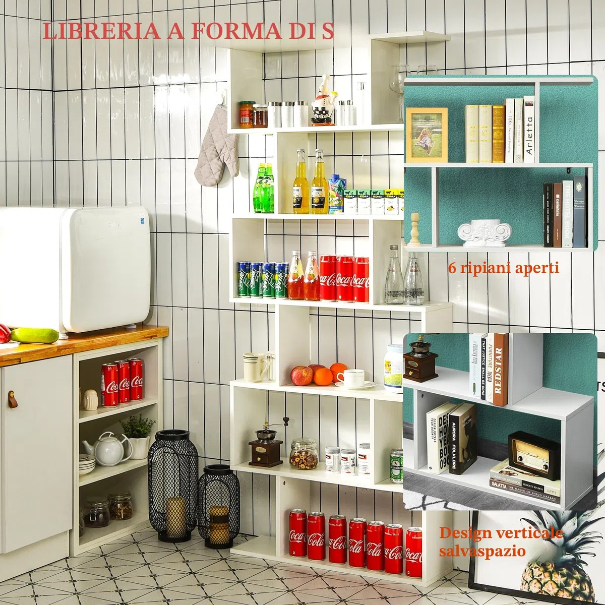 HOMASIS Libreria da Parete a 6 Livelli, Libreria Scaffale in Legno, Divisorio a Parete Multifunzionale con Design Antiribaltamento, Scaffale a S per Ufficio, Salotto, 80 x 23 x 191cm (Bianco)