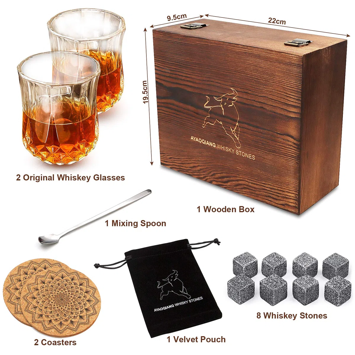 Whisky Stones Set da Regalo da uomo di Pietre e Bicchieri di Whisky, Set di 8 Granito Cubetti di Ghiaccio Riutilizzabil, 2 Bicchieri da Whiskey, Whisky Pietre Set con Sottobicchieri.