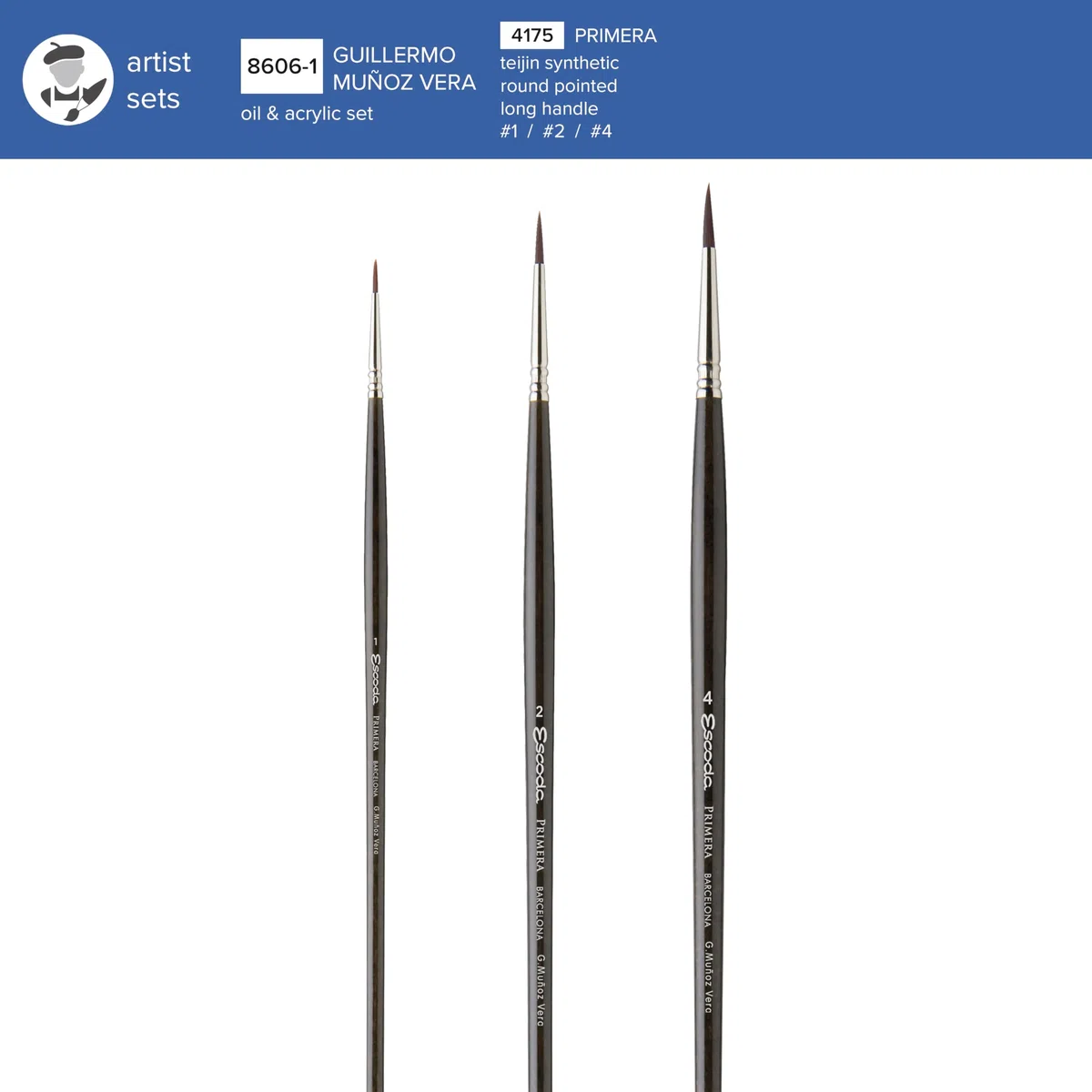 ESCODA Set 3 Pennelli Olio - N. 1, 2, 4 Punta Tonda Fibra Sintetica Primera Set Guillermo Muñoz Vera Serie Primera Professionale Fatto a mano a Barcellona.